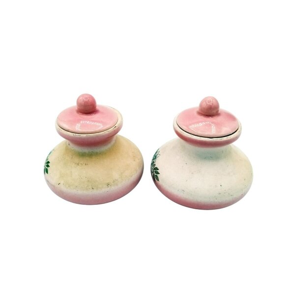 Vanity Jars Porcelain Vintage Pink White Pottery Lids Flowers 2 Inch Miniature - Picture 7 of 15